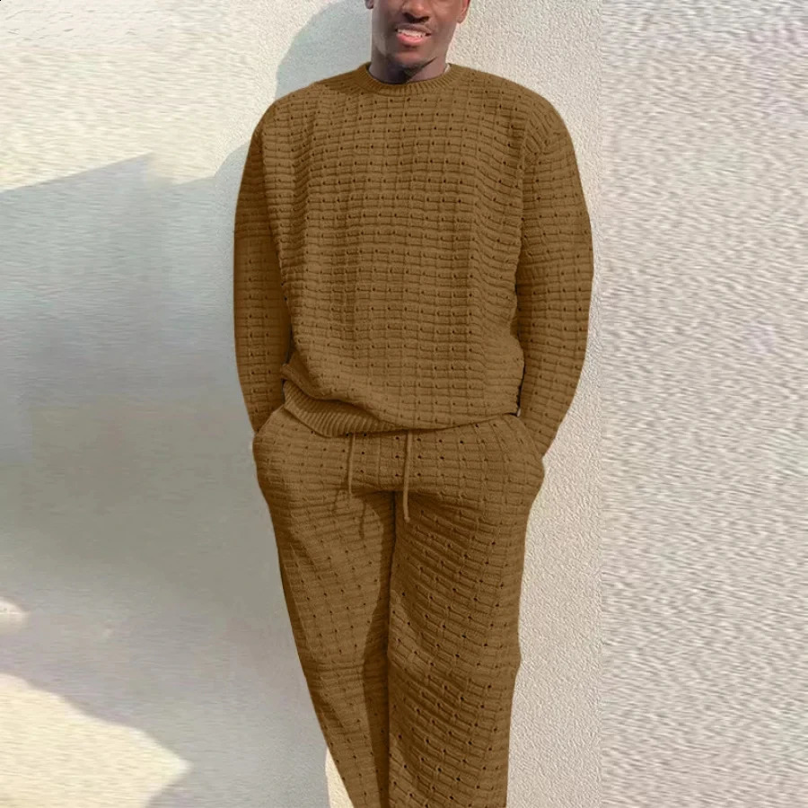 Spring Mens Knitted Two Piece Casual O-neck Long sleeved T-shirt Drawstring Pants Set Fashion Mens Clothing Set 240924