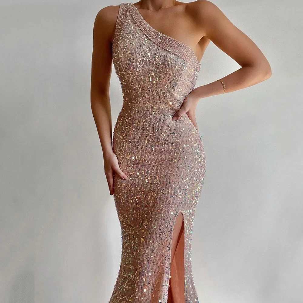 New womens split style dress with one shoulder sequin ultra-thin evening gown CL240924