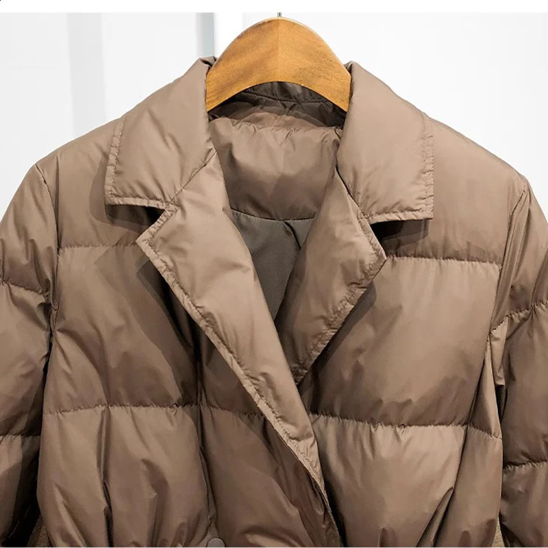 Lagabogy Winter Women White Duck Down Coat Female Notched Collar Double Breasted Coats Casual Lady Drawstring Puffer Outwear 251022