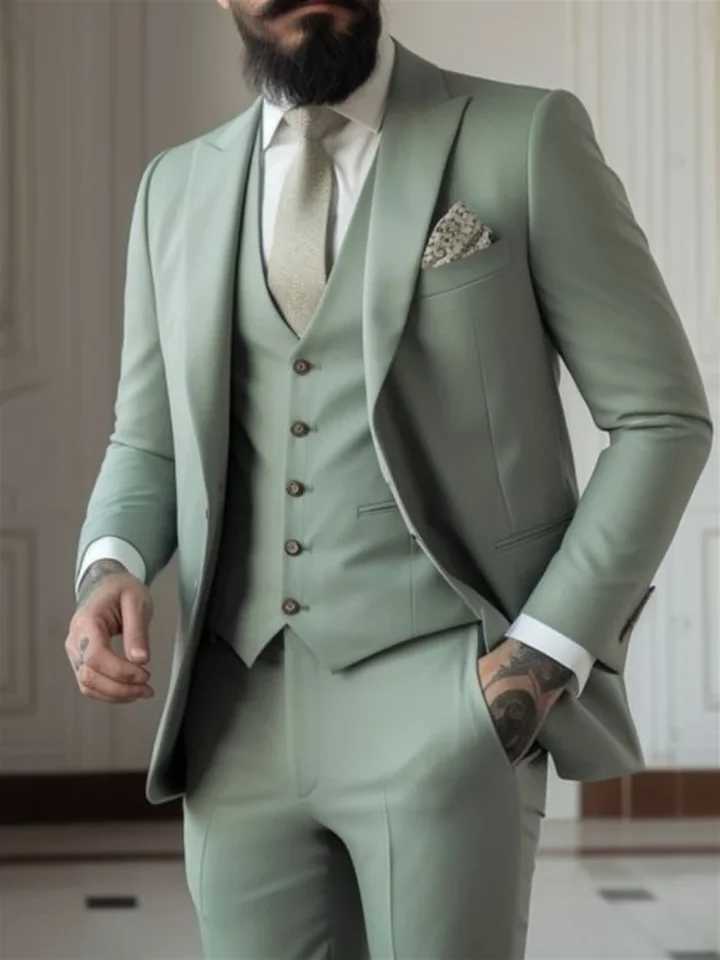 3 Piece Sage Green Mens Slim Fit Suits (Jacket+Vest+Pant) Wedding Groom Tuxedos Prom Formal Male Party Blazers Y240924