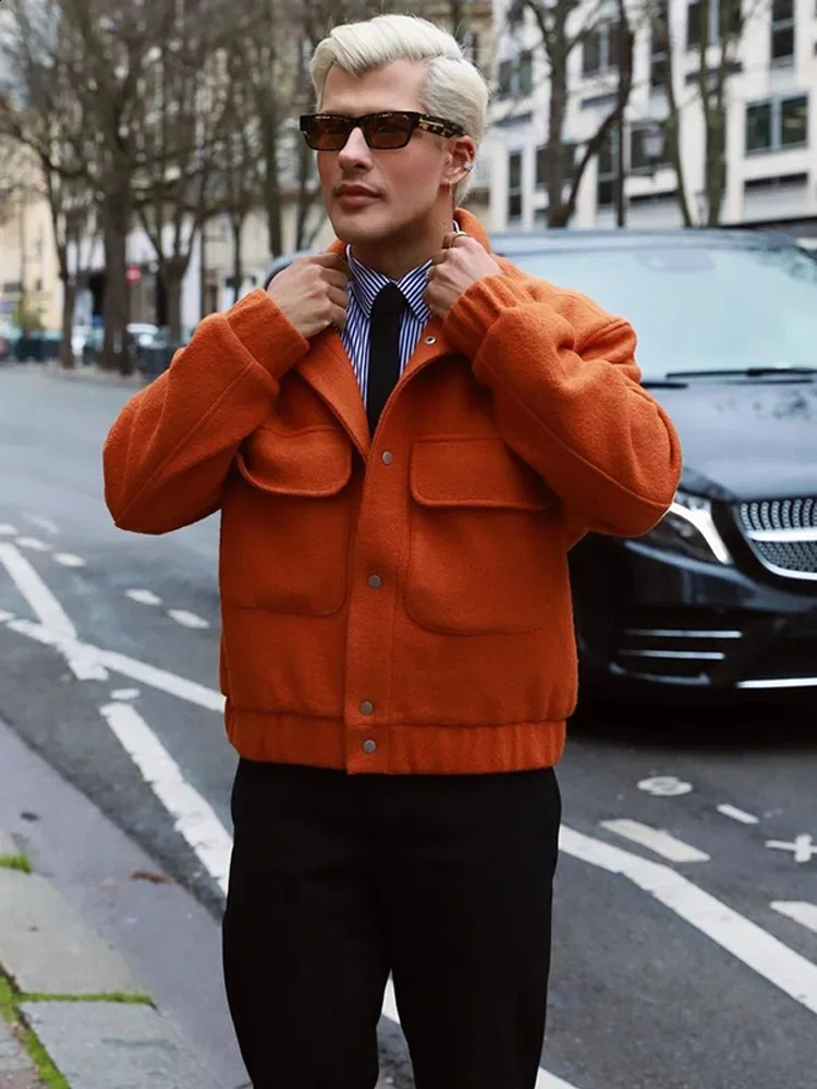 Trendy Pocket Single Breasted Men Jacket Autumn Turn Down Collar Long Sleeve Casual Warm Coat Mens Chic Solid Outwear 240912