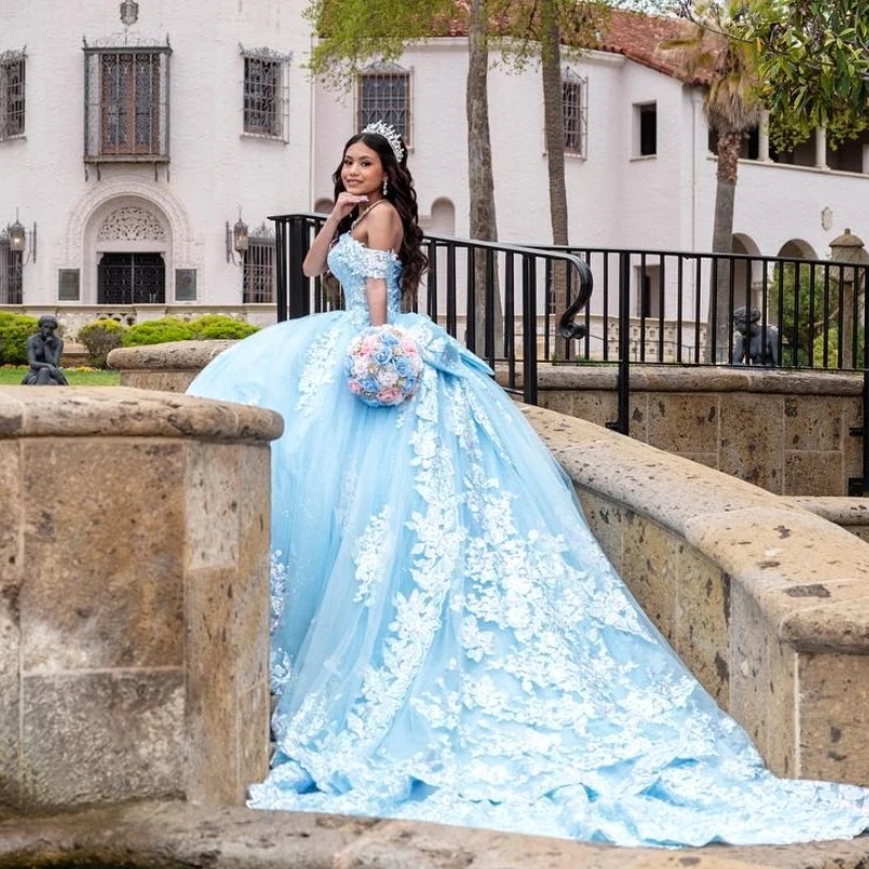 Sky Blue Shiny Princess Quinceanera Dresses Ball Gown Off the Shoulder Applique Lace Beads Tull Sweet 16 Dress Vestido 15 De Anos