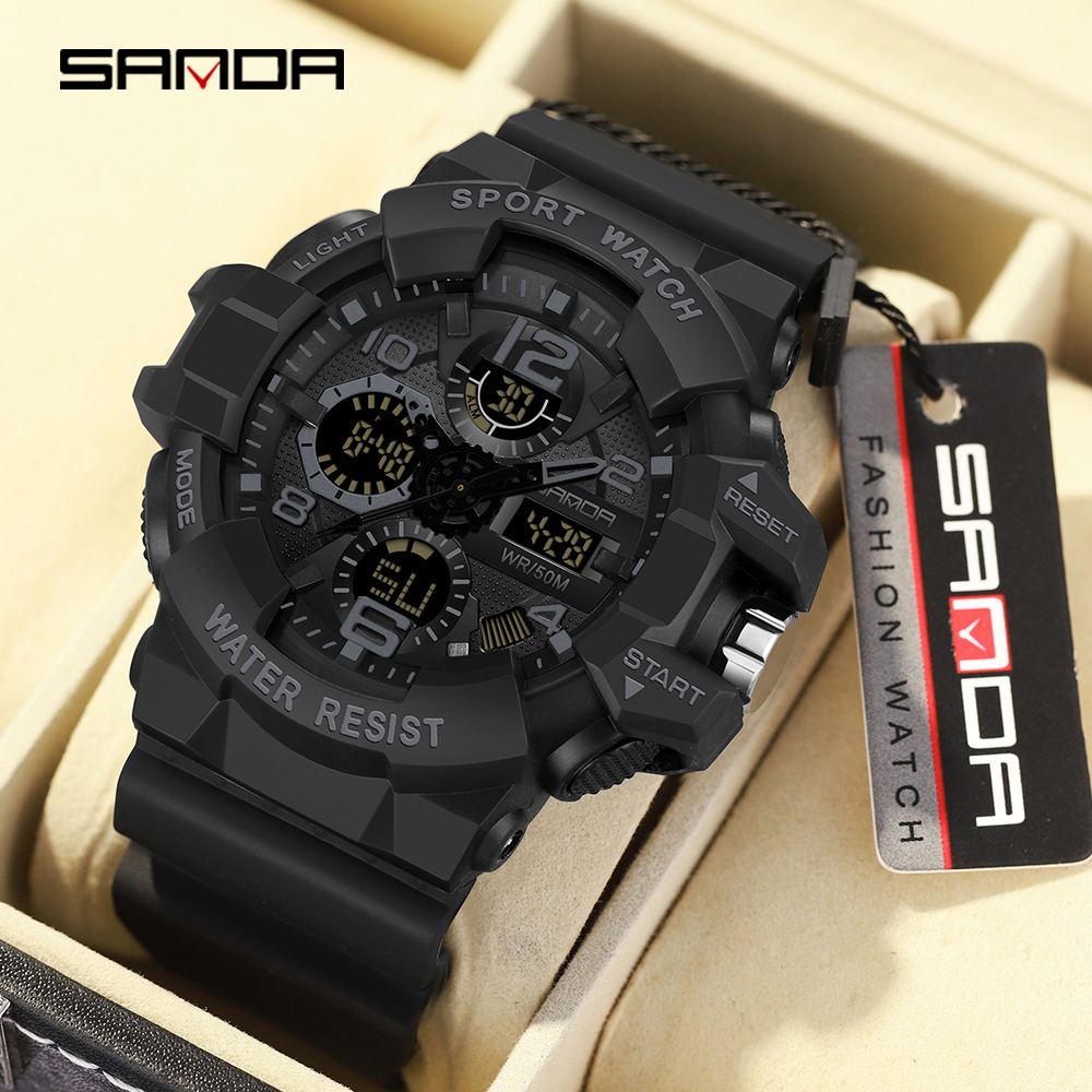 SANDA men's military watch black sports watch LED digital 50M waterproof 3168 watch men's multifunctional clock Relogio Masculino 01