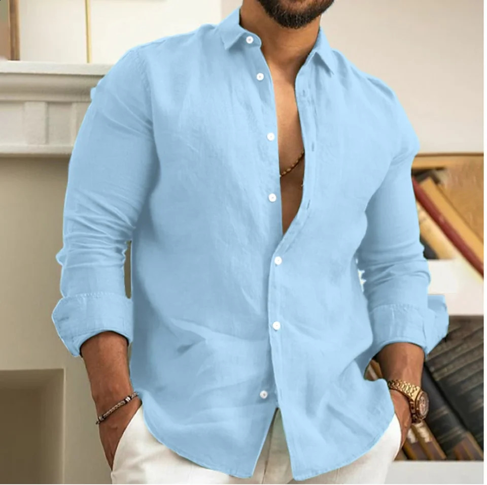 Mens cotton Linen Shirt Button Up Summer Shirt Beach Shirt Long Sleeve Plain Lapel Spring Summer Casual Daily Clothing 240924