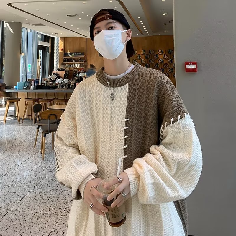 2024 New Designer Splicing Color Comparison Boys Sweater Loose, Casual Lazy Style Hooded Knitted Sweater Fashion Men Autumn/Winter