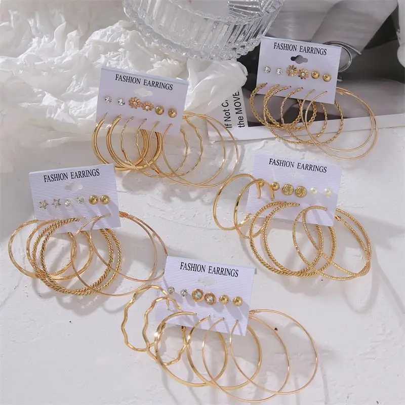 FNIO Declaration Gold Bamboo Round Hoop Earrings for Women Hip Hop Earrings Set Classic Jewelry 3 pieces/set W240923