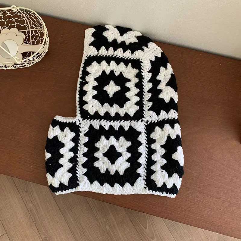 Womens knitted Balaclava hat handmade crochet flower square wool one-piece Beanies collar warm retro Ins zipper hat ski hat W240924