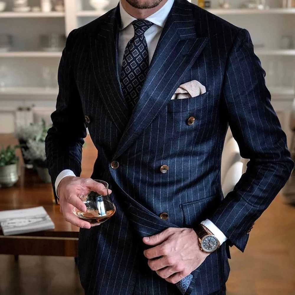 Chic Pinstripe Navy Blue Men Suits 2 Piece Set High Quality Formal Double Breasted Peak Lapel Suit Slim Fit Smart Casual Tuxedo Y240924