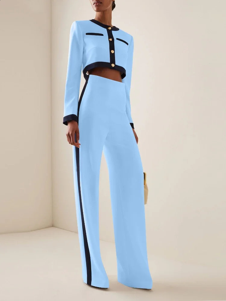 Fashion twopiece womens round neck long sleeved patchwork work single chest button top loose wide leg pants casual set autumn 240924