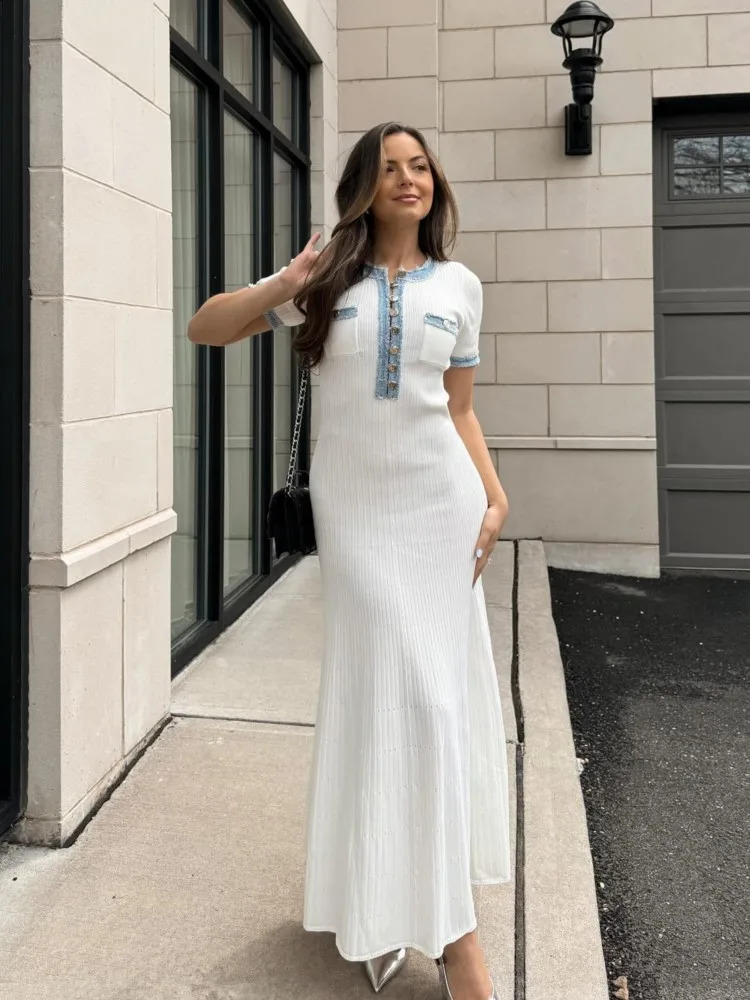 Elegant Contrasting Women Knit Maxi Dress Chic Oneck Short Sleeve Metal Buttons Bodycon Dresses 2024 Office Lady Commuting Robe 240923