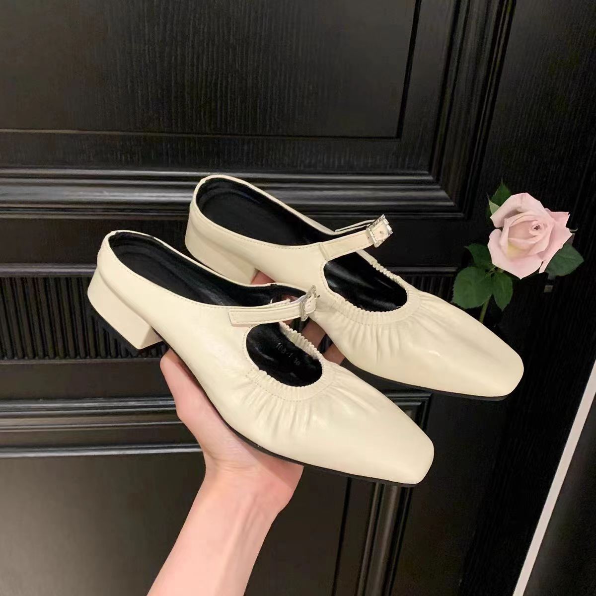 Women's Shoes Elegant Women's Ankle Strap Leather Slides with Diamond Embellishments and Wrinkle Pattern Cowhide
