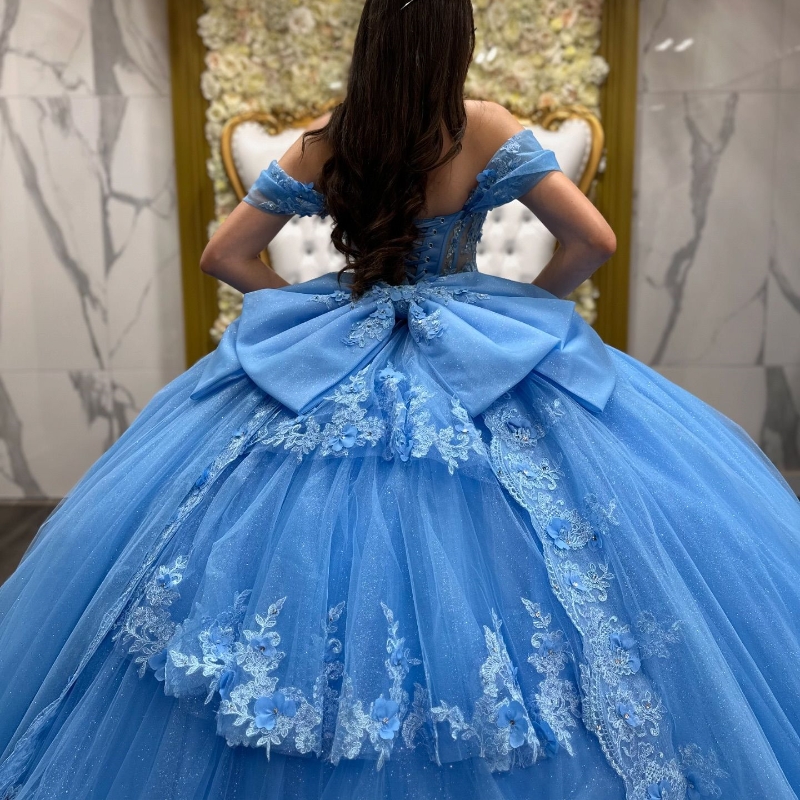 Mexican Shiny Quinceanera Dresses Ball Gown Lace Applique Beading Bow Tiered Tull Corset Sweet 16 Dress Vestido De 15 Anos