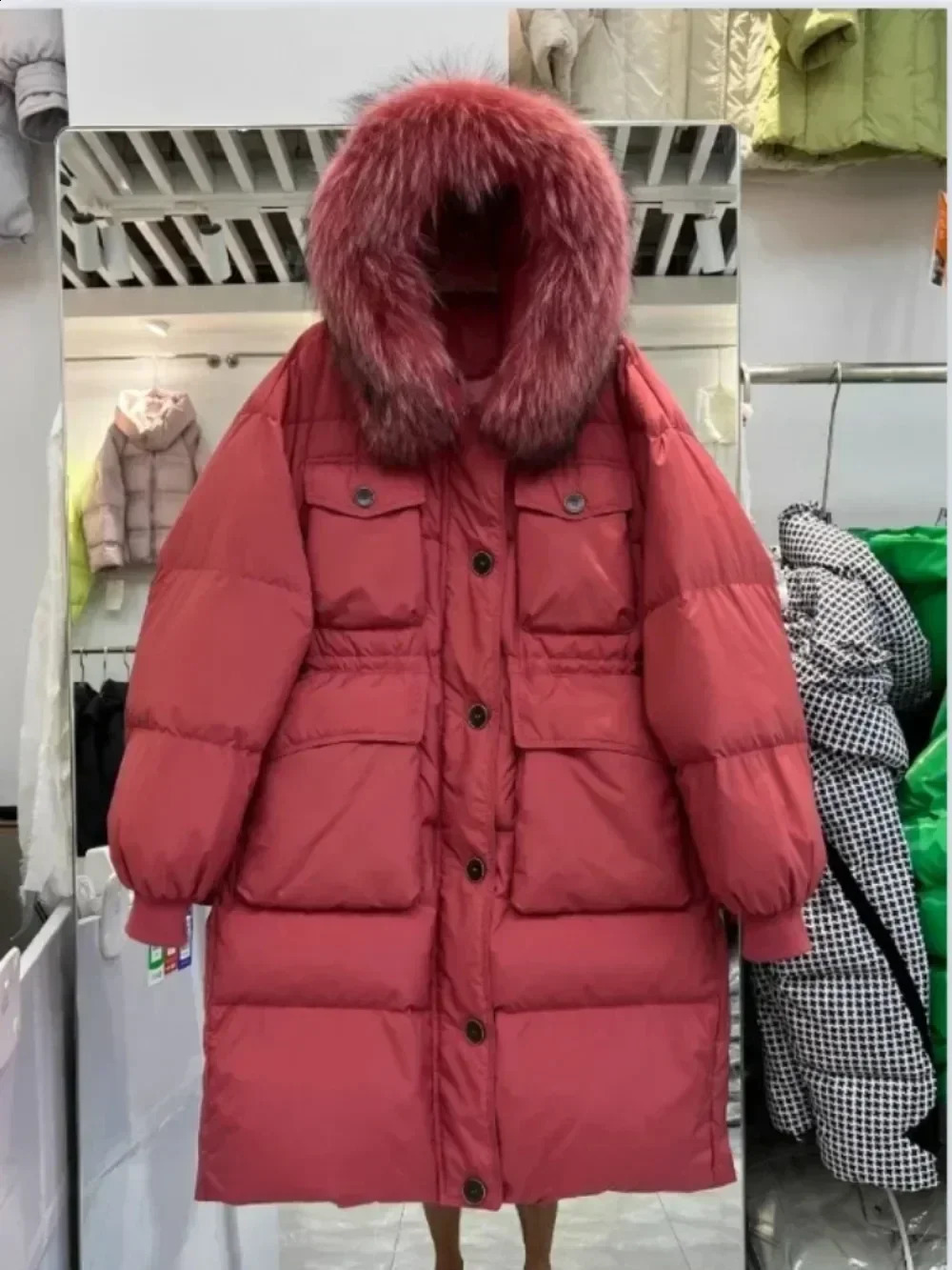 Winter Womens Hooded Duck Raincoat Parkas Waterproof Raccoon Fur Coat Long Inflatable Jacket 240921