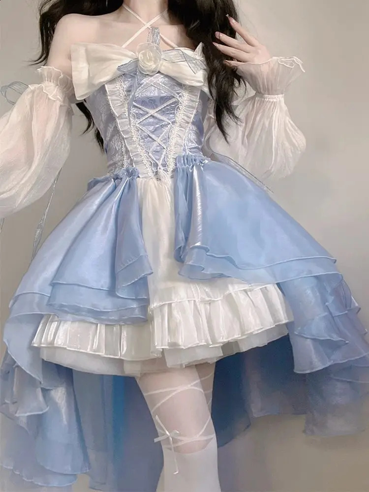 French Romantic Style Lolita Op Elegant Girl Role Playing Princess Puff Sleeves Ribbon Bow Flower Tune Network Dreamy Fairy Dress 240924