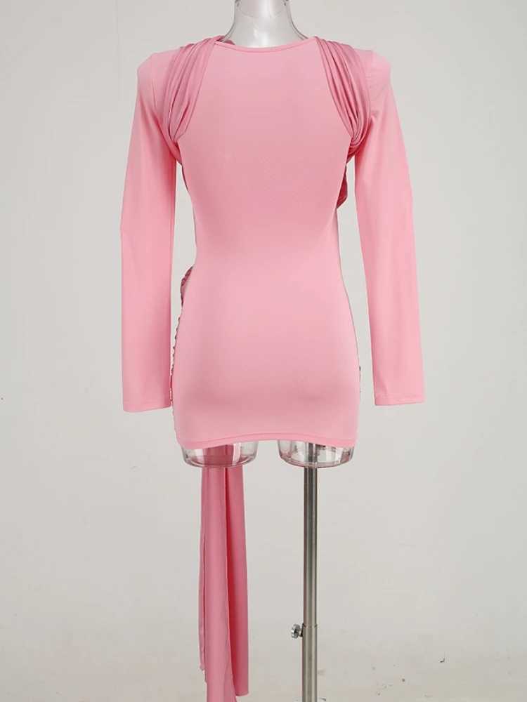 Autumn womens long sleeved O-neck mini dress sexy pink cross ring design ultra-thin mini dress party runway dress W240924