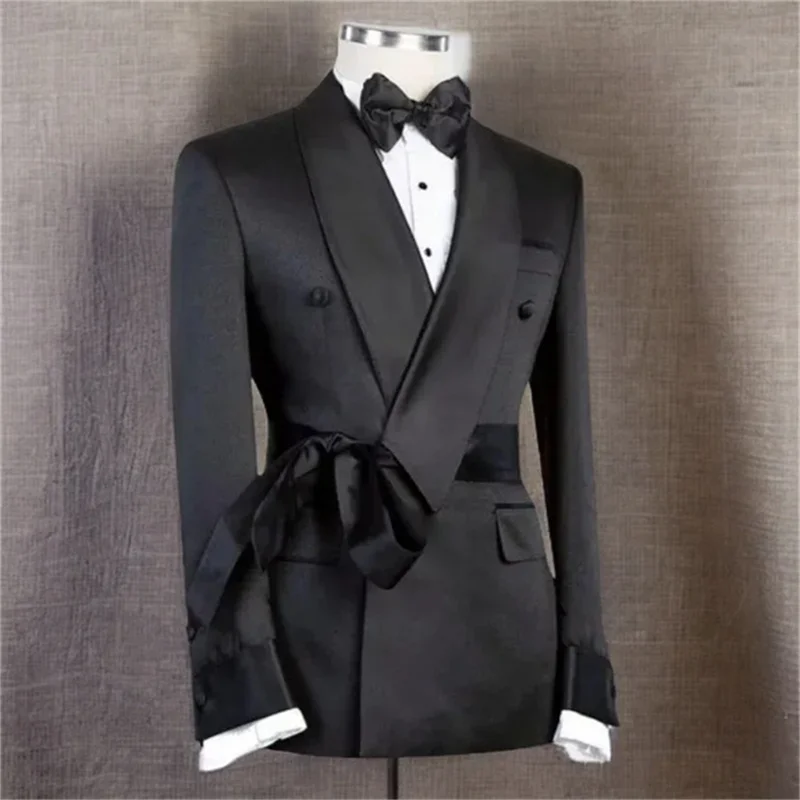 Double Breasted Suit Jacket for Men Wedding 2025 Shawl Lapel Slim Fit Groom Blazer with Belt 1 Pc Fashion Coat