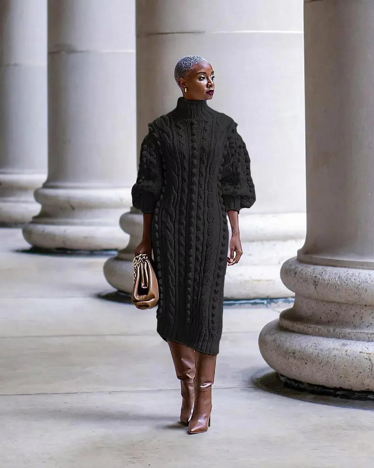 2024 Autumn Women Long Sleeve Turtleneck Knitted Dress Sexy High Split Sweater Dress Casual Warm Winter Thicken Dress Female 240913