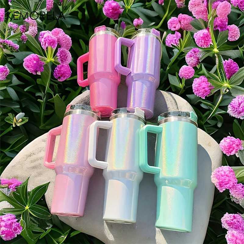 40Oz Stainless Steel thermos cup With Handle Lid and Straw Insulated Rainbow Paint Travel Mug For Hot And Cold Beverages Outdoor X2506051
