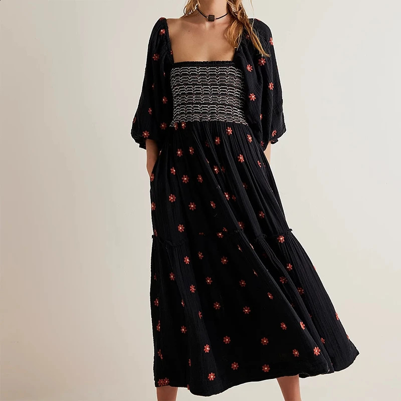 Beach Style Holiday Ruffle Swing A Line Maxi Dress Bohemian Floral Dres Lady Square Neck Long Sleeve Club Party 240923