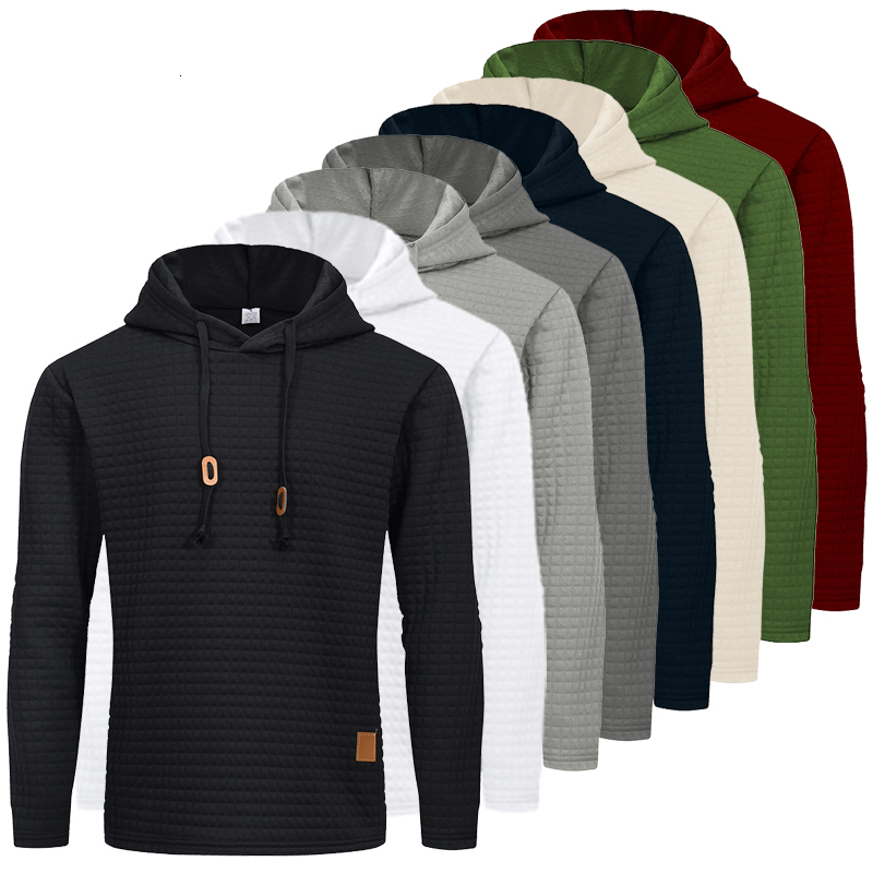 Men's Solid Plaid Jacquard Hoodies Long Sleeve Drawstring Hooded Sweatshirts Casual Waffle Knit Pullover Tops