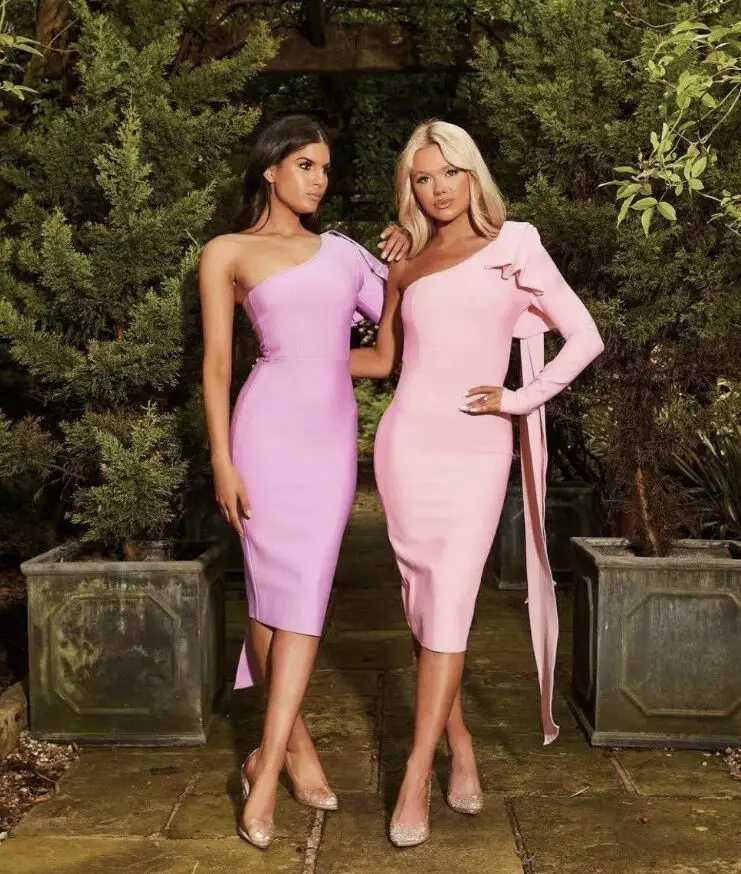 High quality blue orange runway bow single shoulder long sleeved synthetic silk bandage dress cocktail party tight fitting dress vest W240924