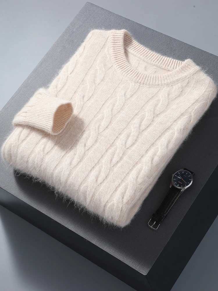 Autumn and Winter Mens Round Neck Cashmere Sweater Cable Knitted Intelligent Leisure Pulling 100% Mink Cashmere Knitted High Quality Top CL240924
