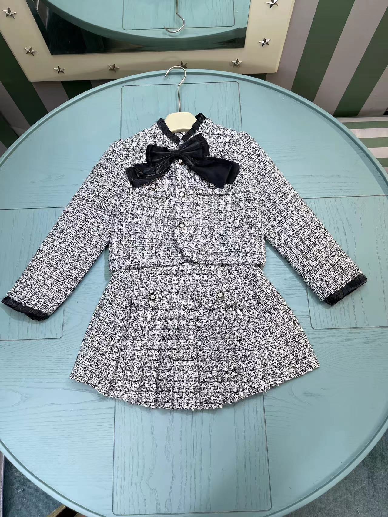 Kids Girls Woolen Jacket With Skirt 2Pcs/Suits Autumn Winter Keep Warm Clothes Fashion Designer Children Bow Coat