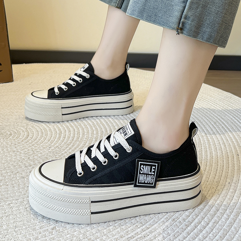 2024 New Women's Black Platform Sneakers Lace-up Comfortable Fashion Outdoor Multi-functional Sports Canvas Shoes