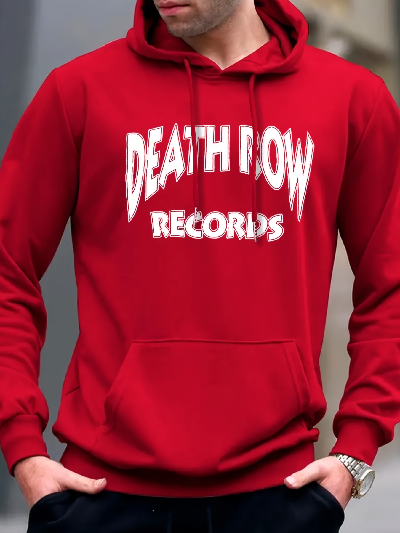Death Row Records Graphic Print, Men's Stylish & Trendy & Cozy Long Sleeve Hoodie, Versatile Hooded Sweatshirt For Autumn & Winter Daily Wear