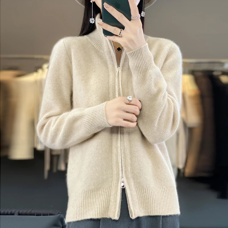 Autumn/Winter Ultra Thick Cashmere Zipper cardigan 100% Merino Wool Womens Turtle Neck Sweater Coat Solid Color Warm Knitted 240924