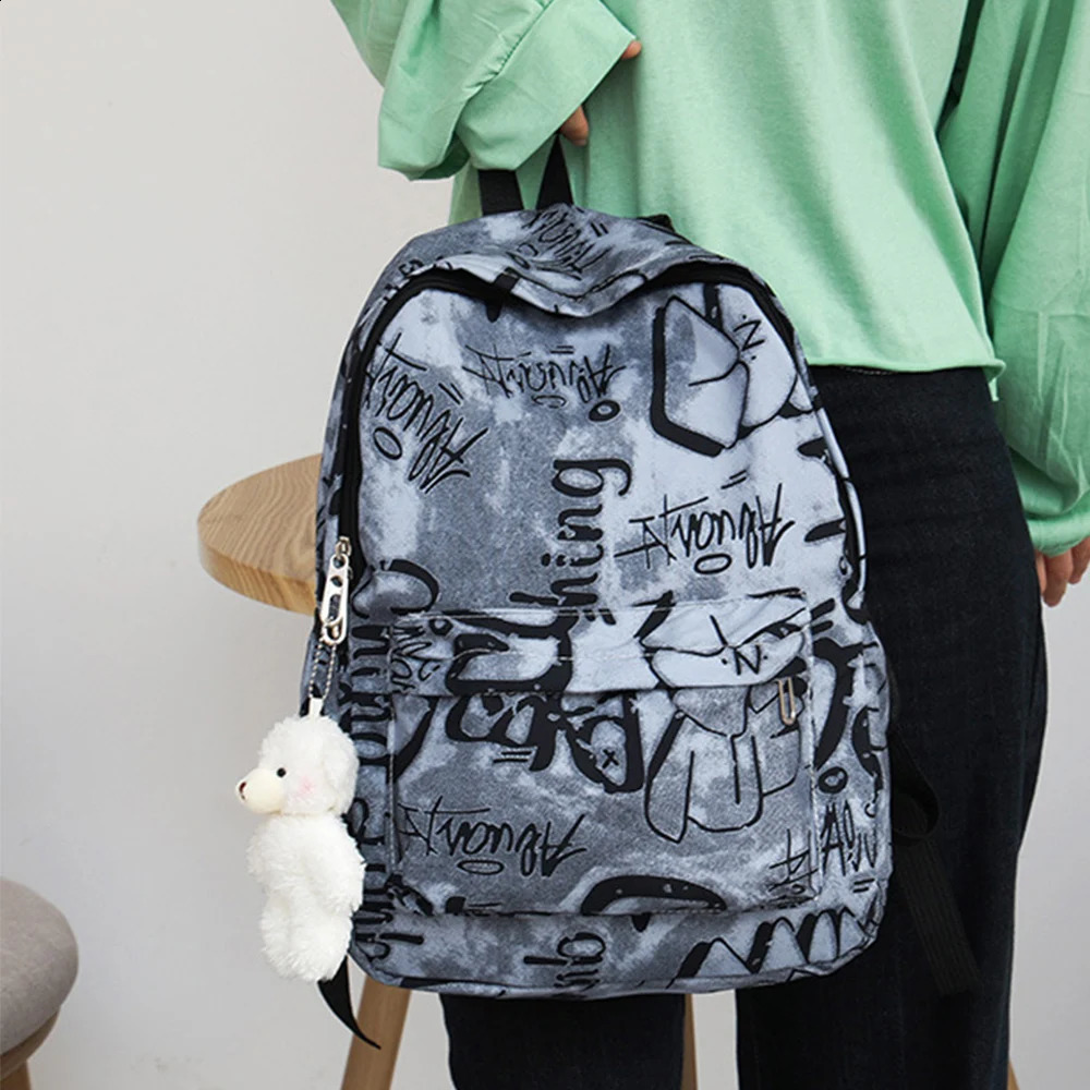 Casual Nylon Womens Backpack Large Capacity Waterproof School Bags Graffiti Printing Shoulder Bag Students y240919