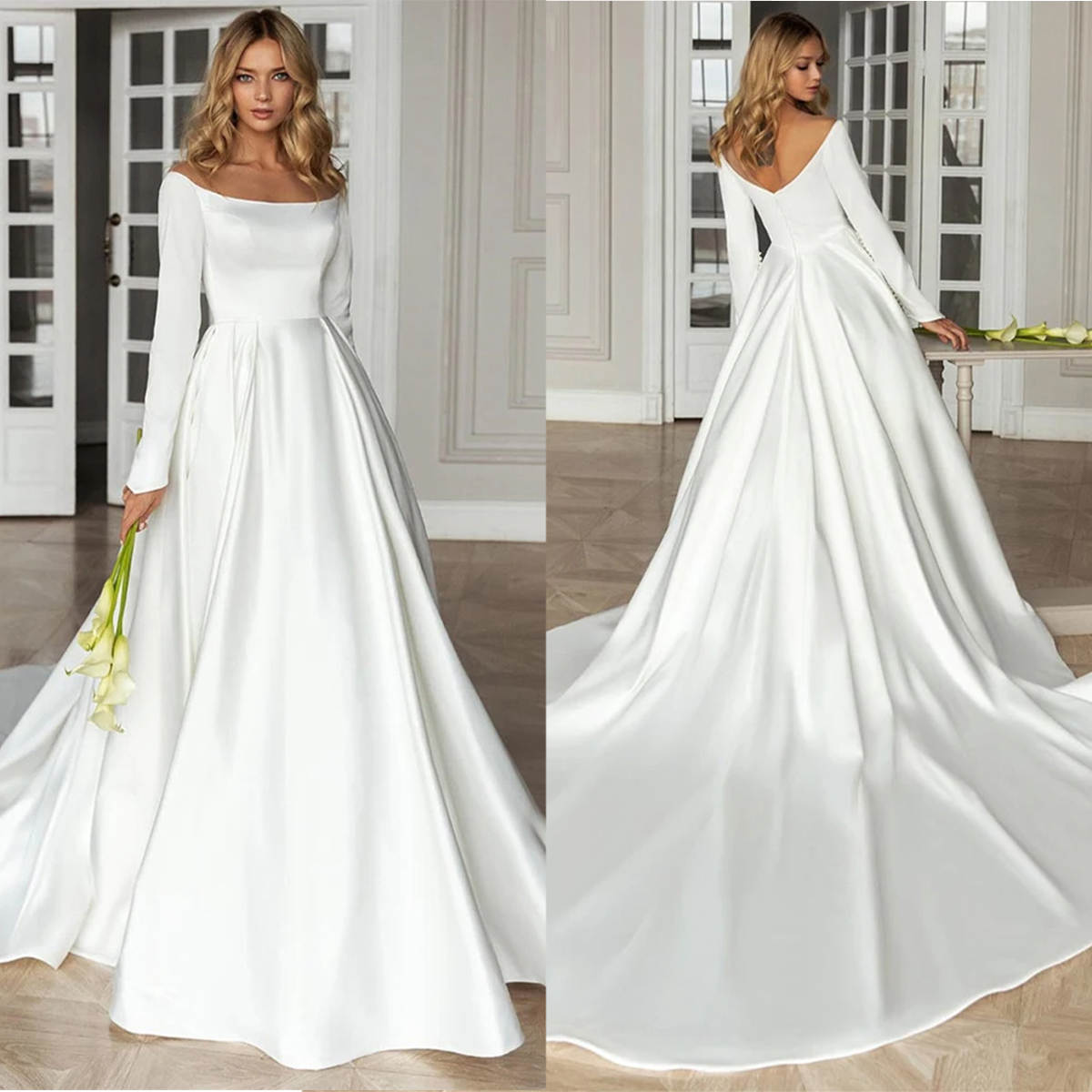 Simple A Line Wedding Dress O Neck Long Sleeve Bride Gowns Sweep Train Satin Bridal Dresses Custom Made High Quality