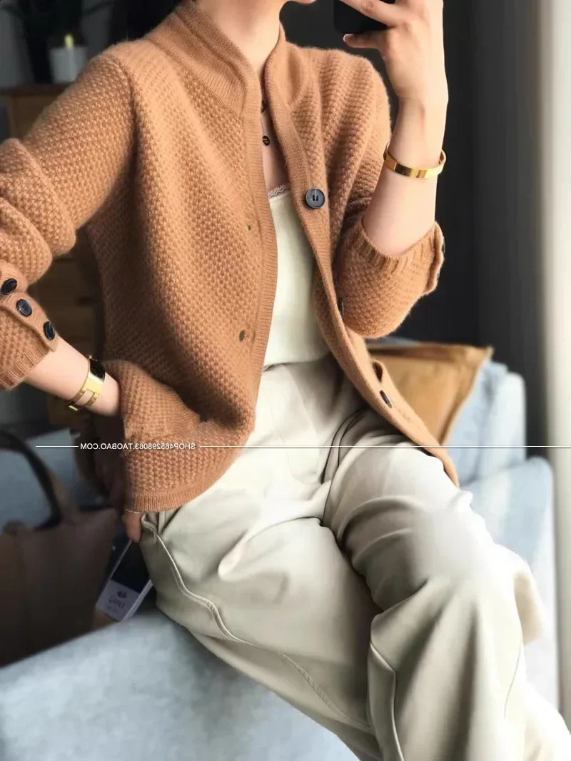 Knitted cardigan wool womens sweater Hickened 100% cashmere wool cardigan wool sweater stand up collar sweater loose knit wool sweater 240924