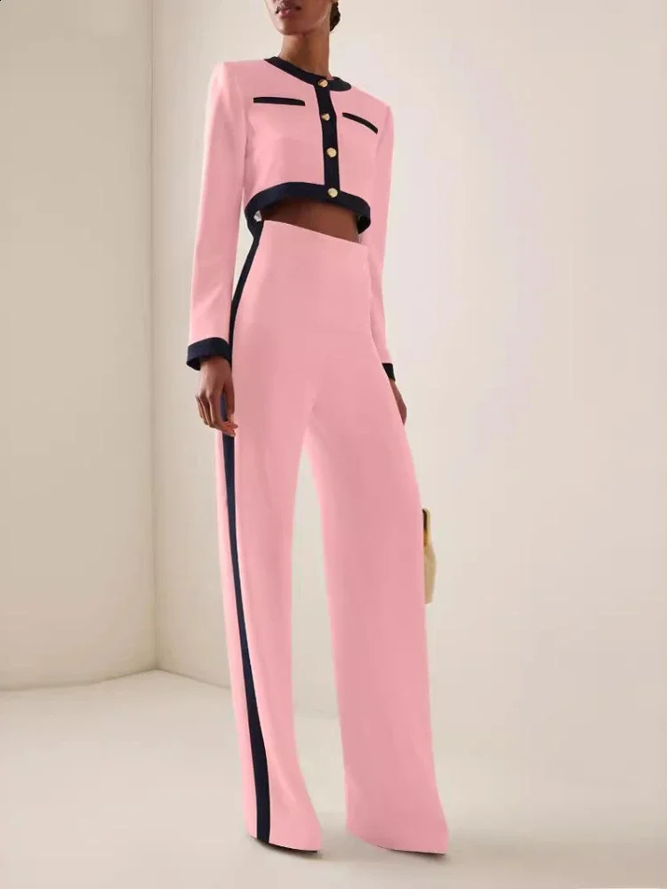 Fashion twopiece womens round neck long sleeved patchwork work single chest button top loose wide leg pants casual set autumn 240924