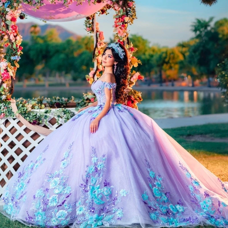 Lavender Shiny Quinceanera Dresses Sequin Lace Appliques Beading Tull Off the Shoulder Princess Ball Gown For Sweet 16 Vestidos De 15 Anos