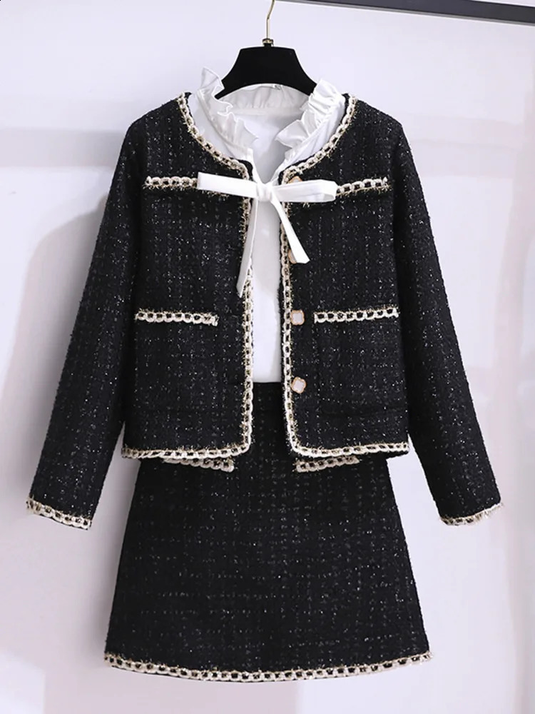 Autumn Winter Elegant Black Tweed 2 Piece Set Women Long Sleeve Woolen Jacket Short Coat Mini Skirts Suits Fashion Two Piece Set 240914