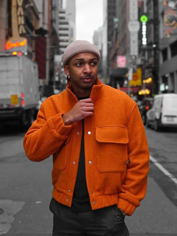 Trendy Pocket Single Breasted Men Jacket Autumn Turn Down Collar Long Sleeve Casual Warm Coat Mens Chic Solid Outwear 240912