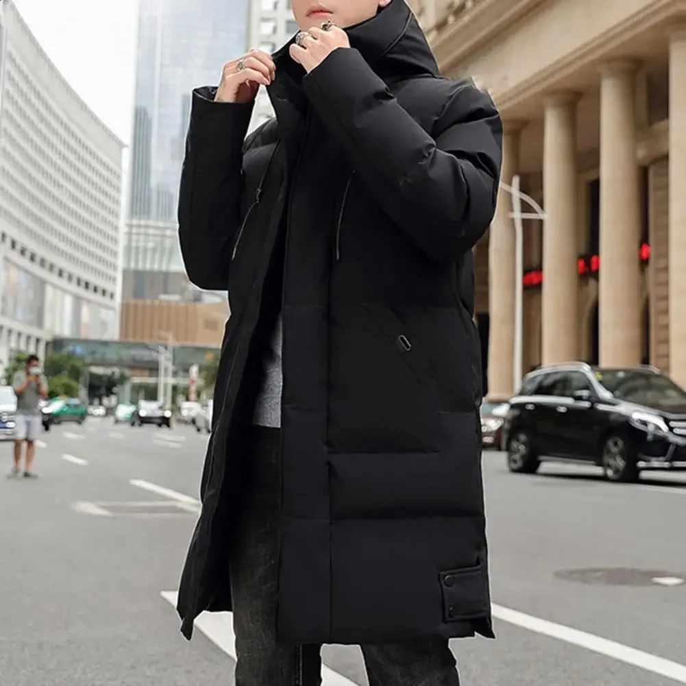 Hooded Winter Down Coat for Men Parkas Thickened Solid Color Padded Cardigan Midi Length Zip Up Mens Coat For Daily Wear 240912