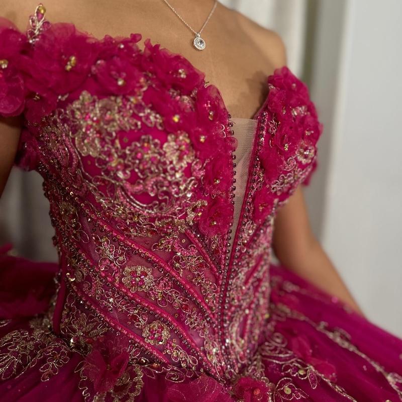 Rose Red Shiny Quinceanera Dresses Ball Gown Off The Shoulder Lace Applique Beaded Tull Corset Sweet 16 Dress Vestido De 15 Anos