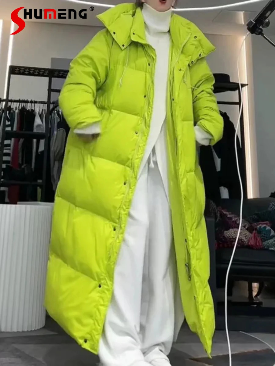 Super Changbai Duck Down Jacket Womens Winter Warm Knee Long Sleeve Solid Color Hooded Fashion 240921