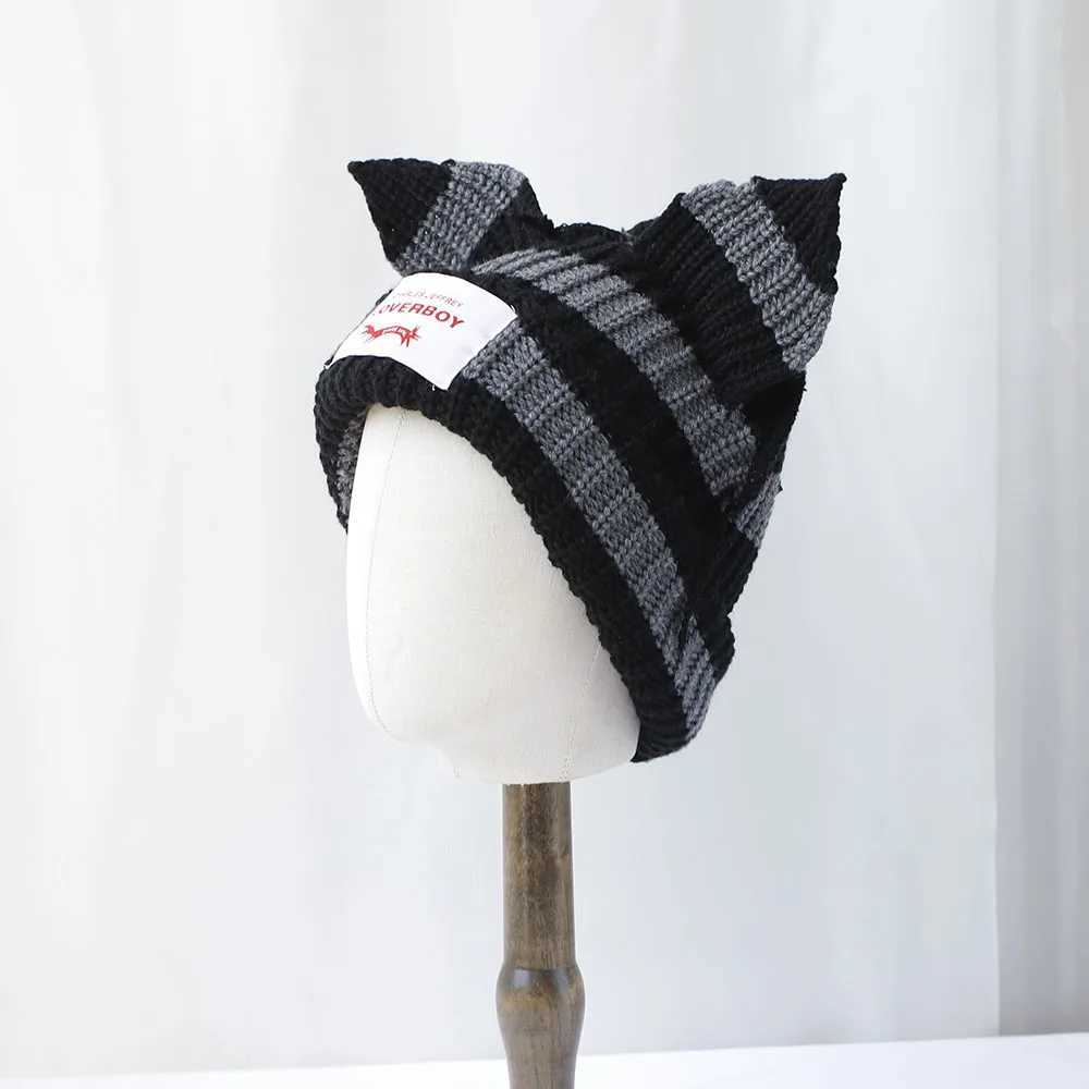 2024 New Cute Fashion Hoodie Lover Boy Ears Knitted Double Layer Warm Fox Ears Wool Hat Niche Design Hip Hop Personalized Cold Hat W240924
