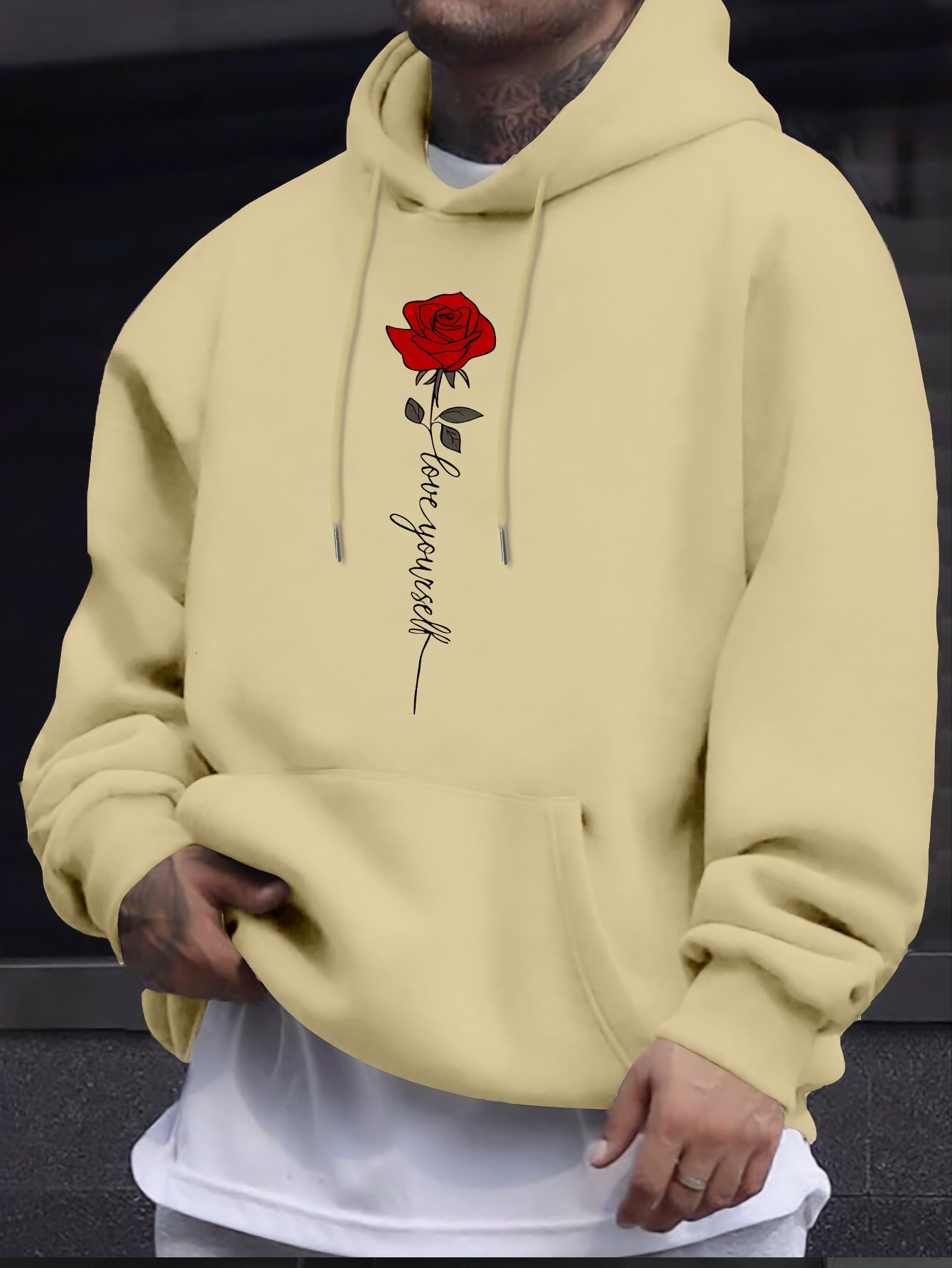 Rose And LOVE YOURSELF Print Men's Trendy Versatile Hoodie, Comfortable Long Sleeved Top, Perfect For Autumn And Winter Daily Commute & Outdoor T