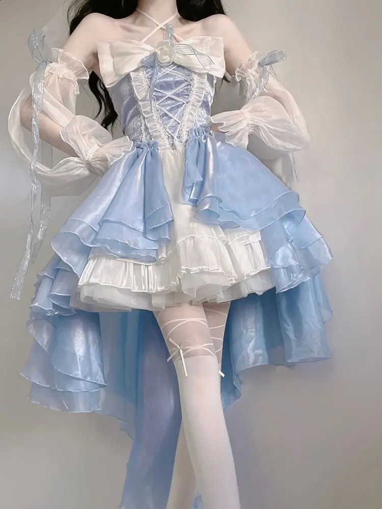 French Romantic Style Lolita Op Elegant Girl Role Playing Princess Puff Sleeves Ribbon Bow Flower Tune Network Dreamy Fairy Dress 240924