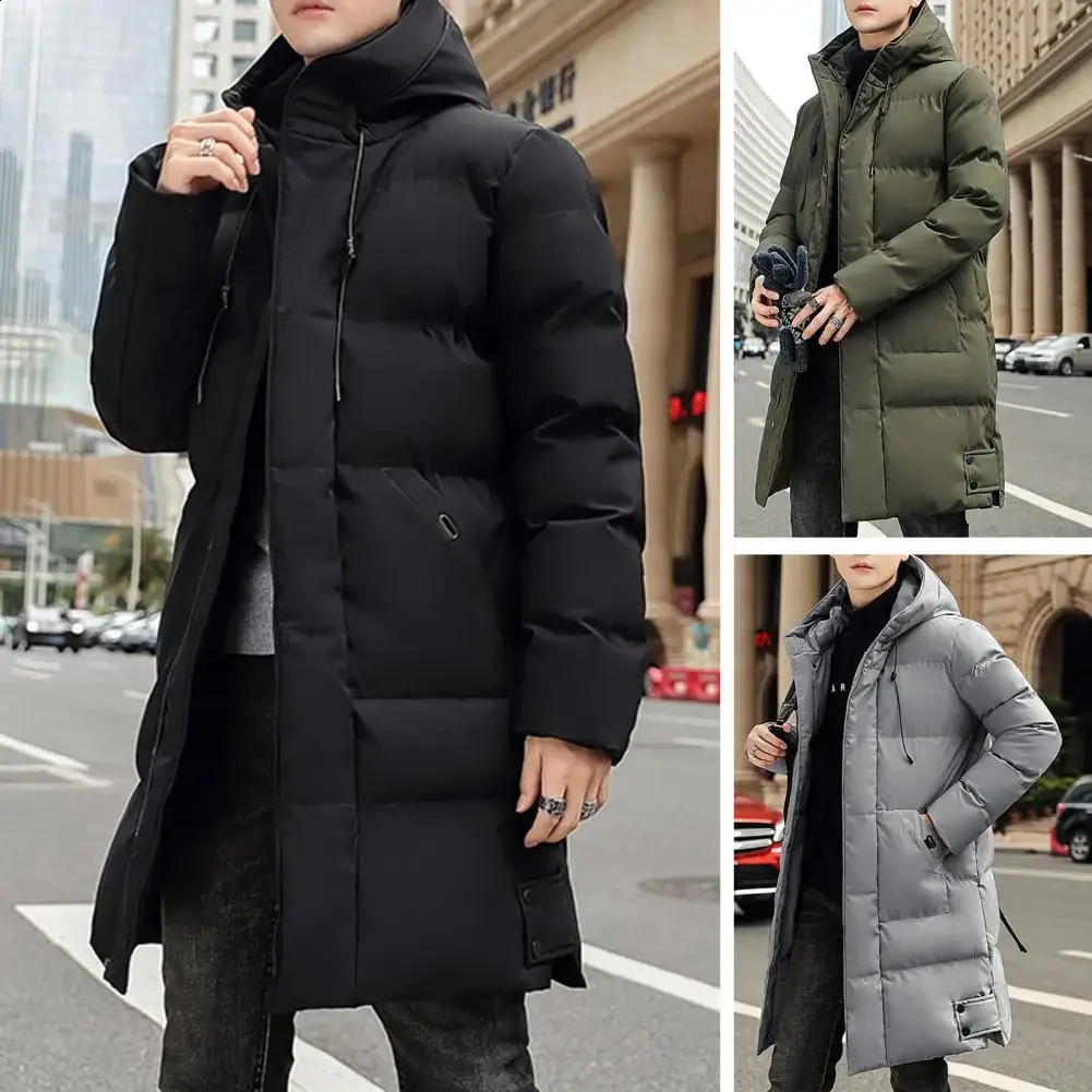 Hooded Winter Down Coat for Men Parkas Thickened Solid Color Padded Cardigan Midi Length Zip Up Mens Coat For Daily Wear 240912