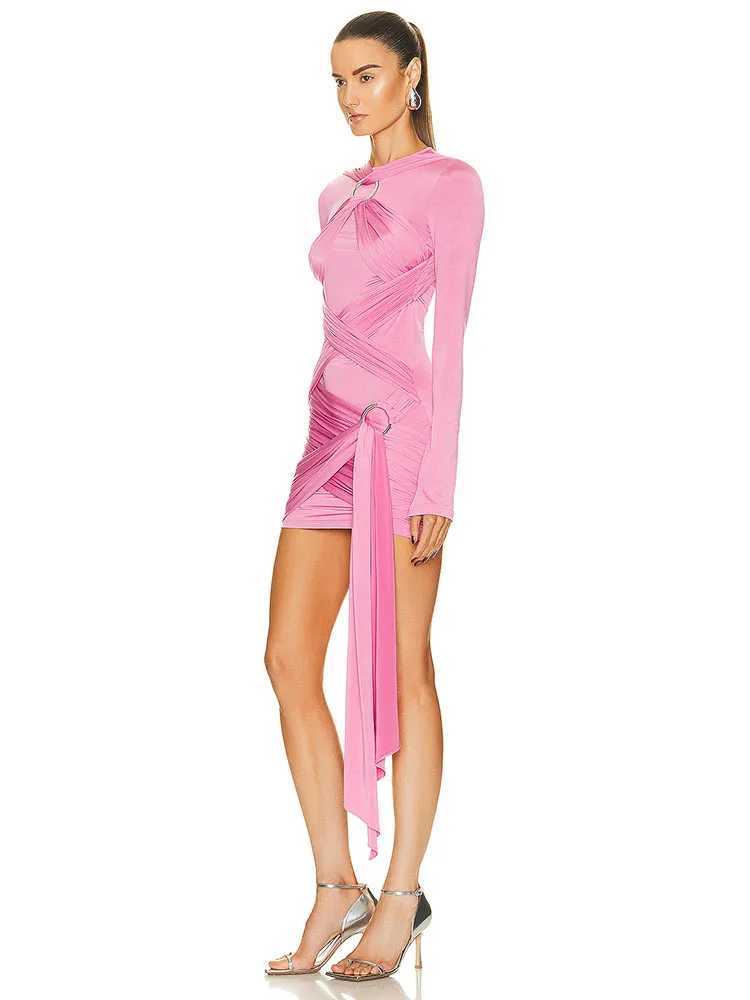 Autumn womens long sleeved O-neck mini dress sexy pink cross ring design ultra-thin mini dress party runway dress W240924