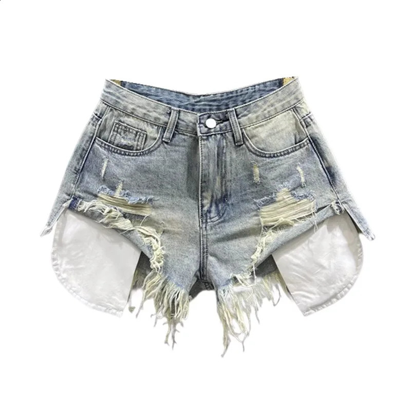 Korean Vintage Blue Sexy Ripped Jeans for Women Patchwork Aline Highwaisted Denim Ultra Shorts 240923
