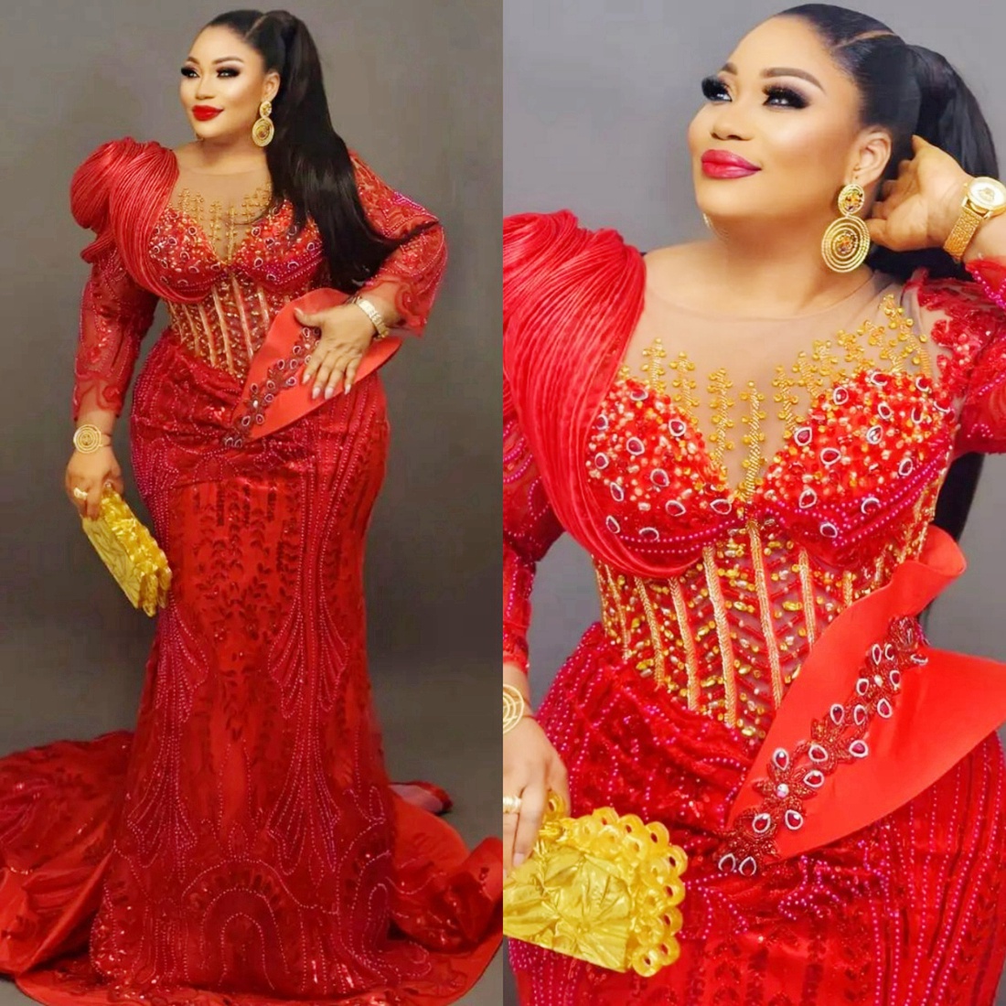 2024 Plus Size Red Prom Dress Evening Dresses Formal Gowns For Women Sheer Neck Long Sleeves Beaded Lace Rhinestones Birthday Dress Second Reception Gowns AM414