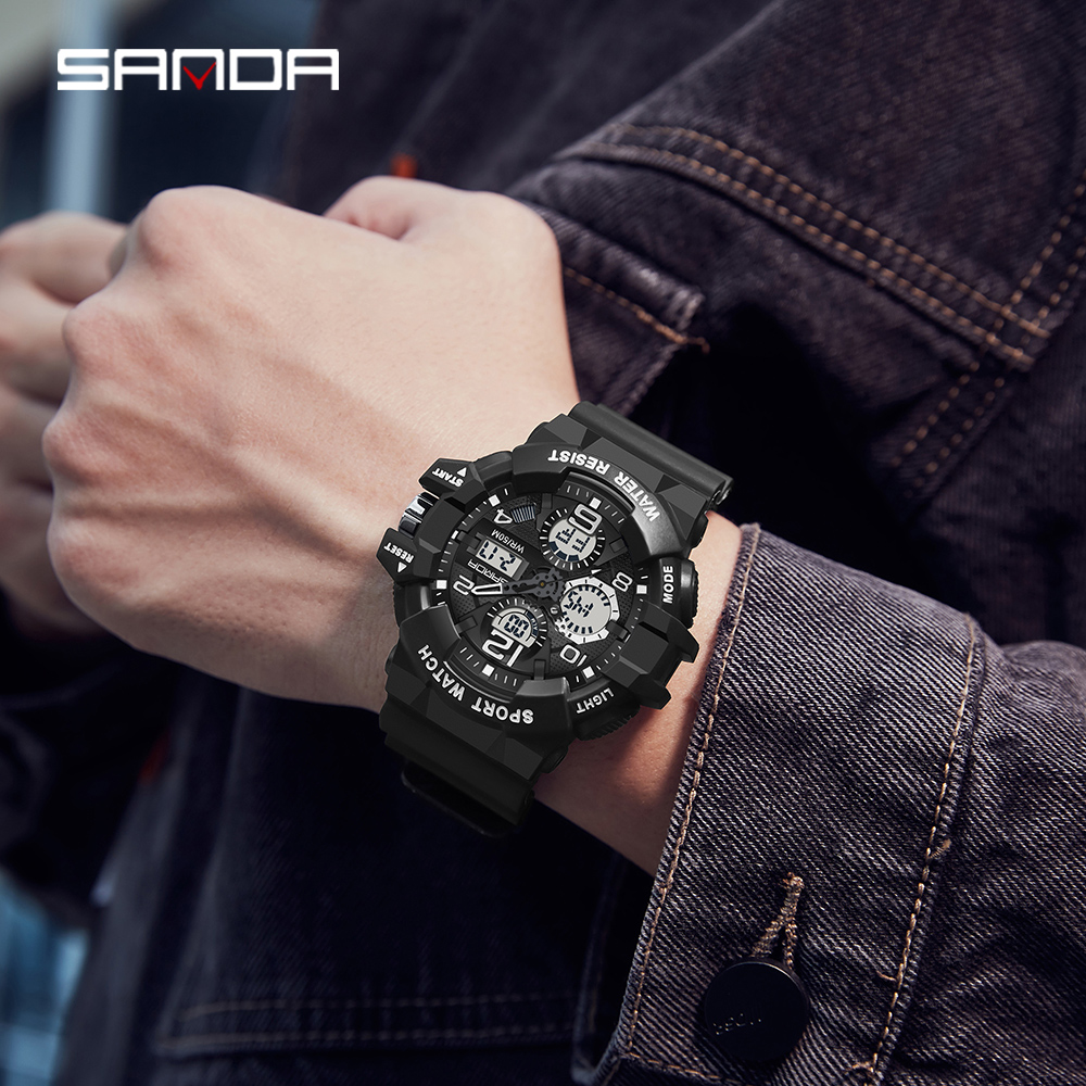 SANDA men's military watch black white sports watch LED digital 50M waterproof 3168 watch men's multifunctional clock Relogio Masculino 01