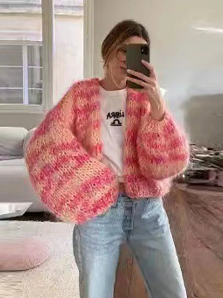 Fashionable rainbow striped loose knit cardigan fashionable long sleeved casual cut sweater womens autumn street jacket 240924