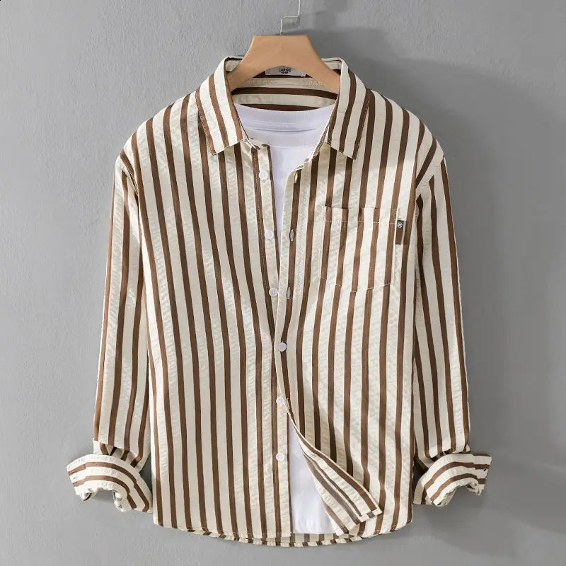 Spring and Autumn Mens Square Neck Button Stripe Pocket Loose Trendy Casual Fashion Elegant Commuting Long sleeved Shirt 240924